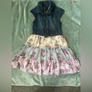 One piece with two different materials jean top with floral skirt.